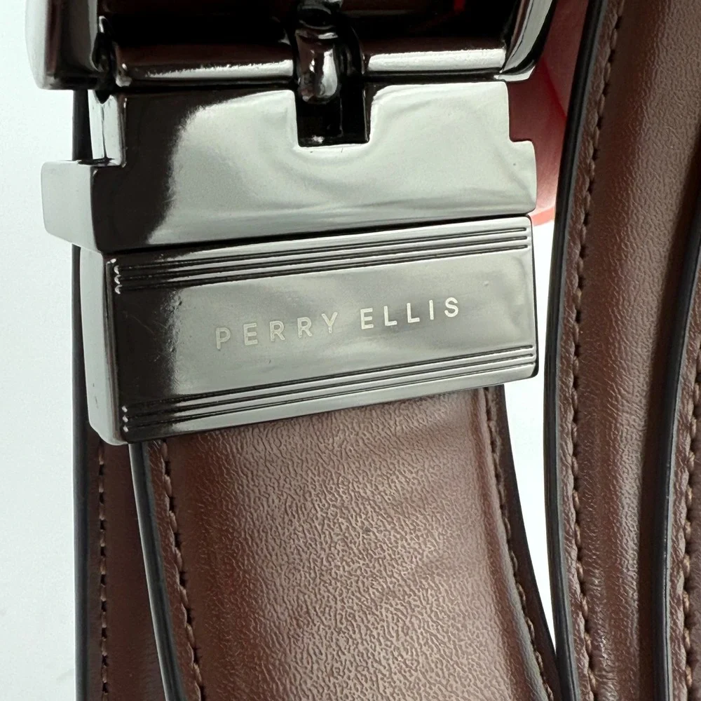 Perry Ellis Mens Reversible Belt Black Brown Faux Leather Gunmetal Buckle 44 110